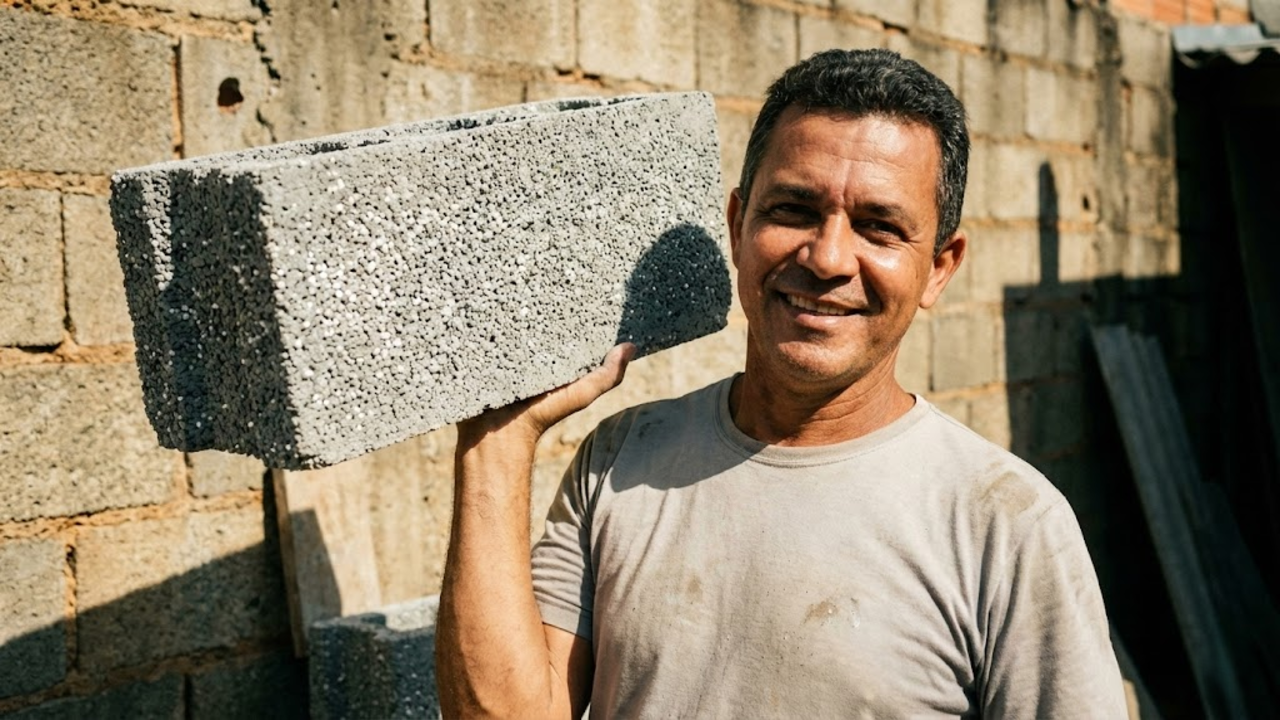 Homem levanta bloco de isopor leve com facilidade sob o sol tropical.