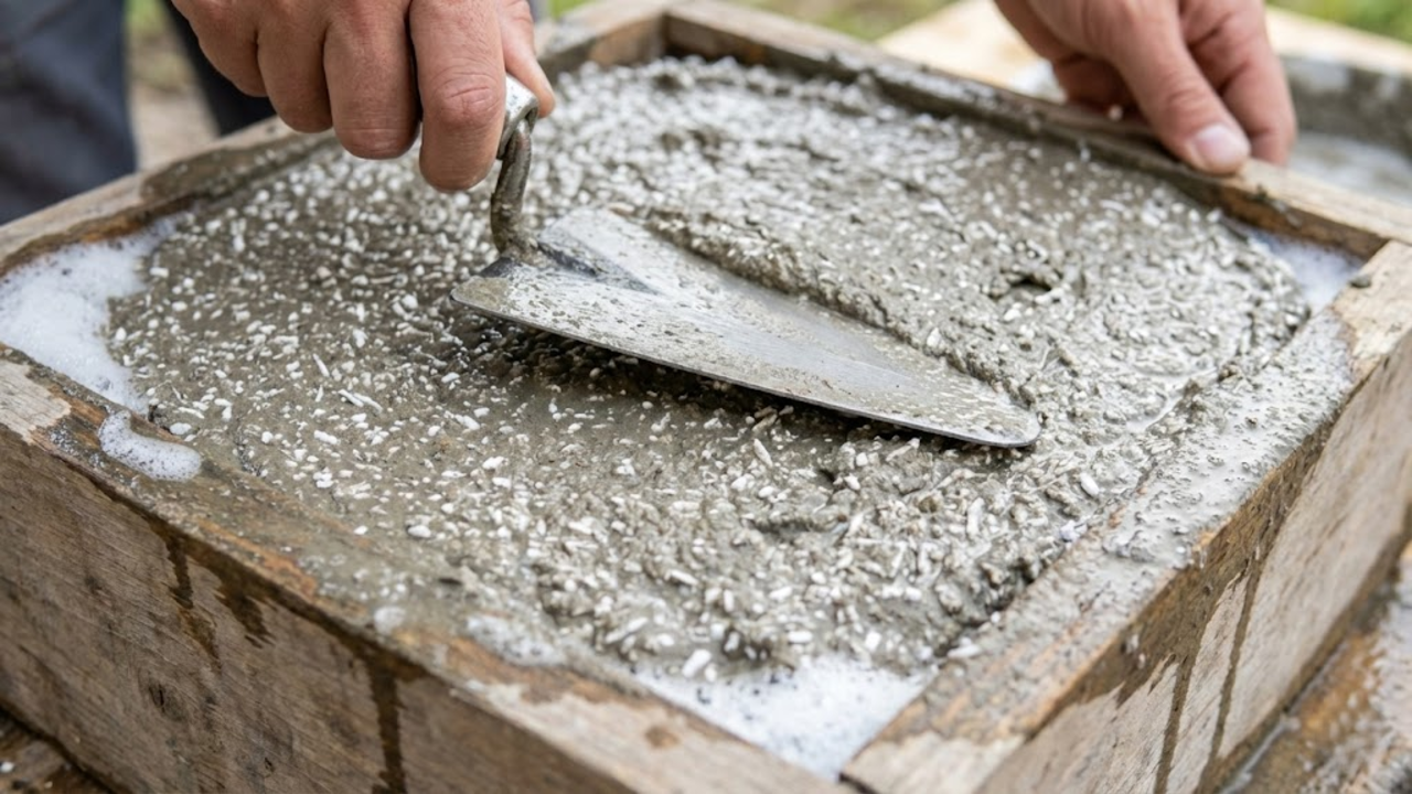 Mão alisando a mistura de cimento e isopor dentro da forma de madeira