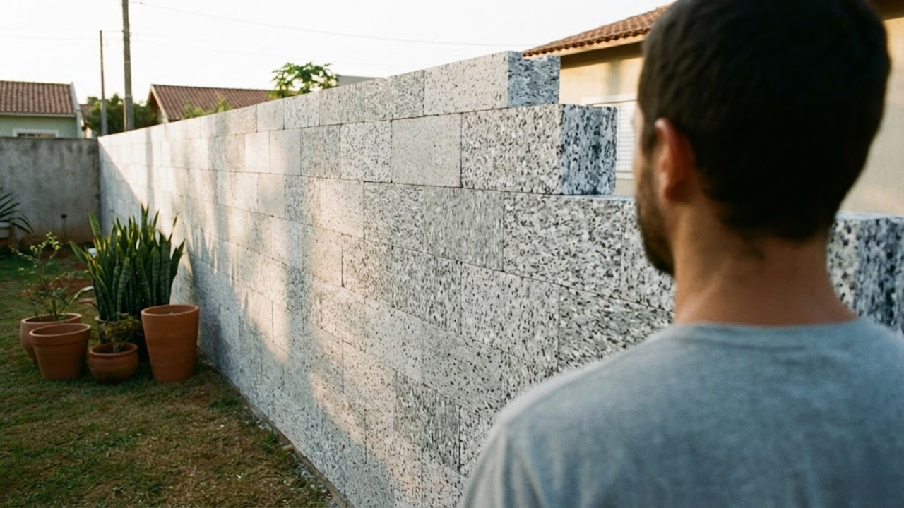 Vista de um muro pronto feito com blocos térmicos de isopor reciclado