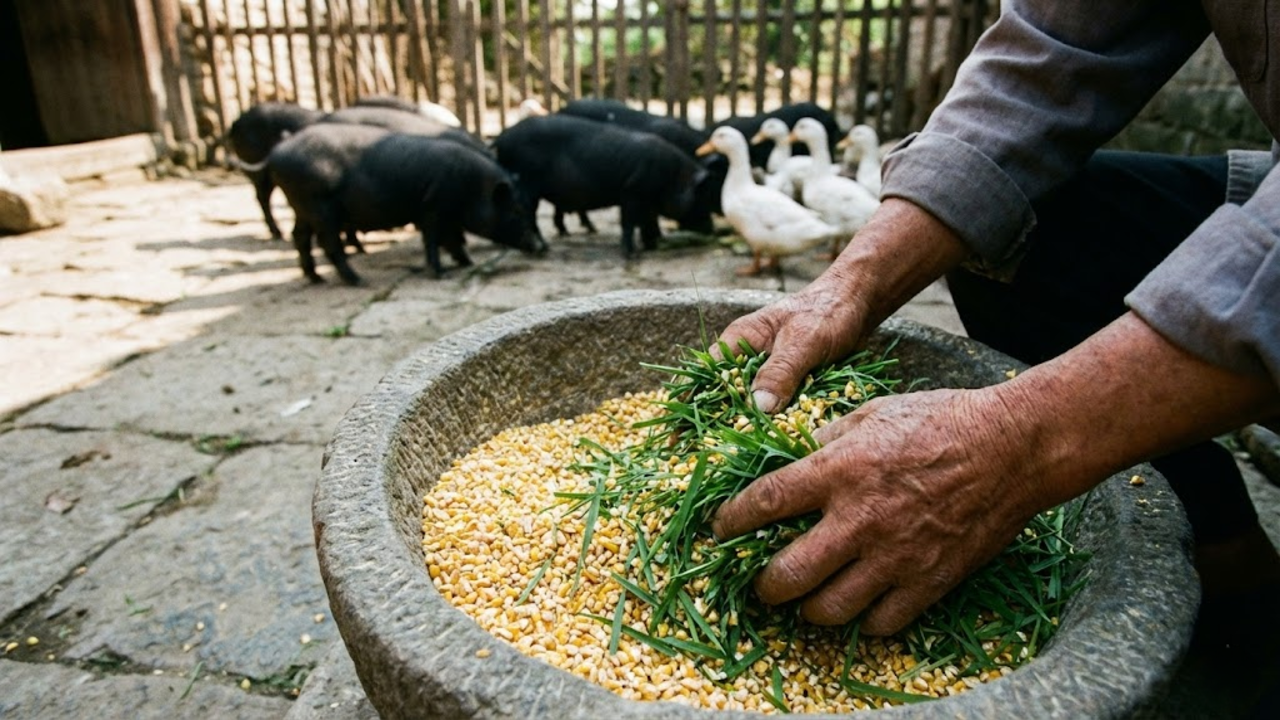 Detalhe das mãos de Tio Wu preparando ração natural para seus animais.