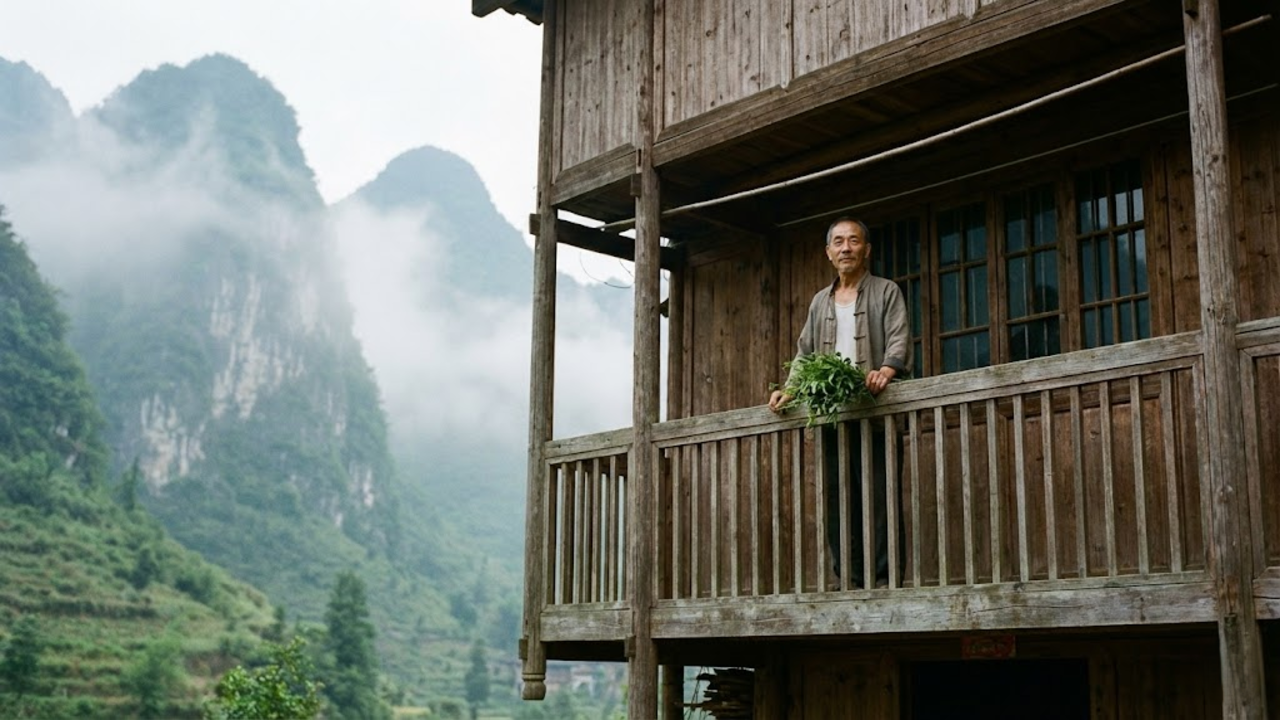 Tio Wu em sua casa na ilha, cercado pela névoa das montanhas de Guizhou.