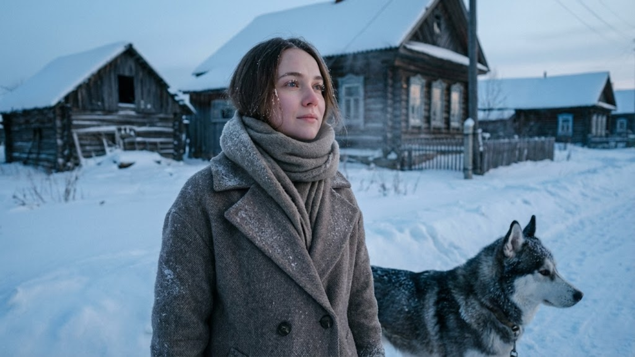 Mulher e seu cão em meio ao azul gelado de uma vila siberiana abandonada.
