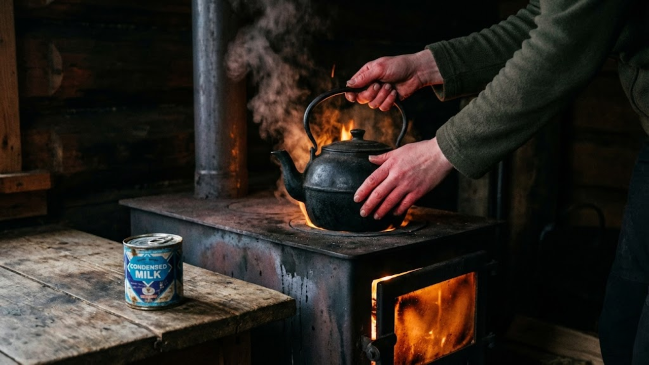 Close-up de mãos aquecendo um bule no fogão a lenha rústico da cabana