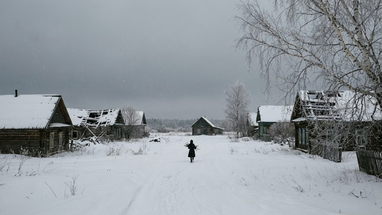 Vista panorâmica da vila fantasma coberta de neve com Nastya ao fundo