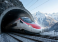 Trem de alta velocidade saindo do túnel com os Alpes ao fundo.