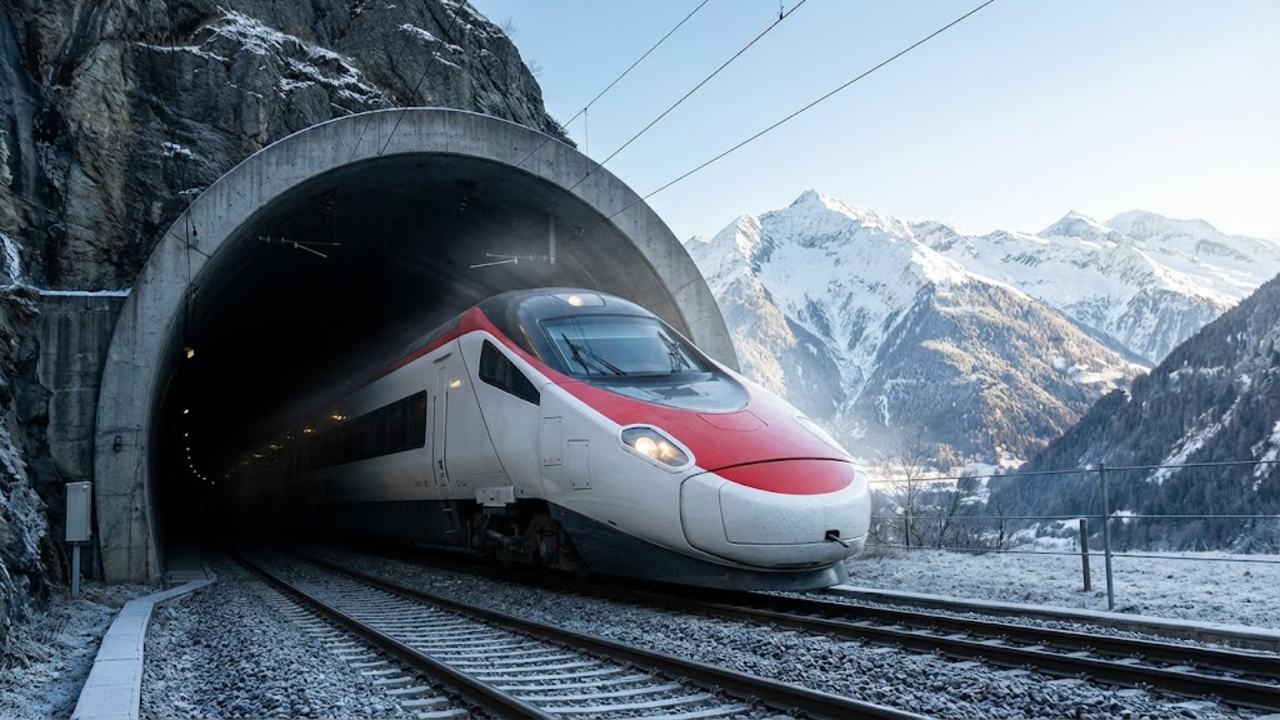 Trem de alta velocidade saindo do túnel com os Alpes ao fundo.