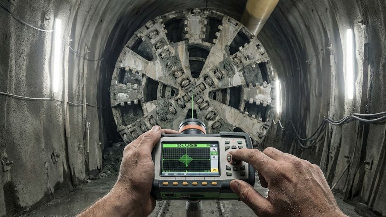 Engenheiro verifica alinhamento a laser diante da máquina perfuratriz gigante.