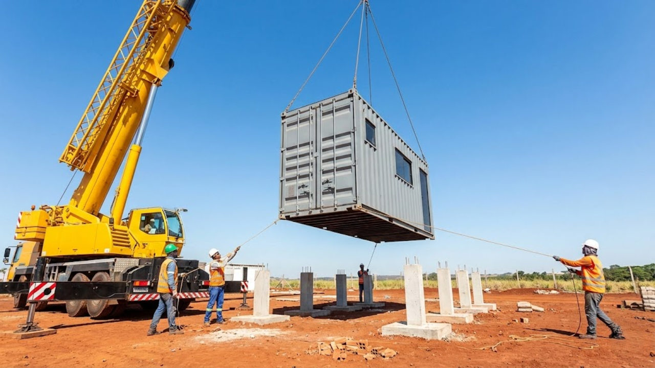 Guindaste posicionando módulo de container sobre fundações em canteiro de obra limpo.