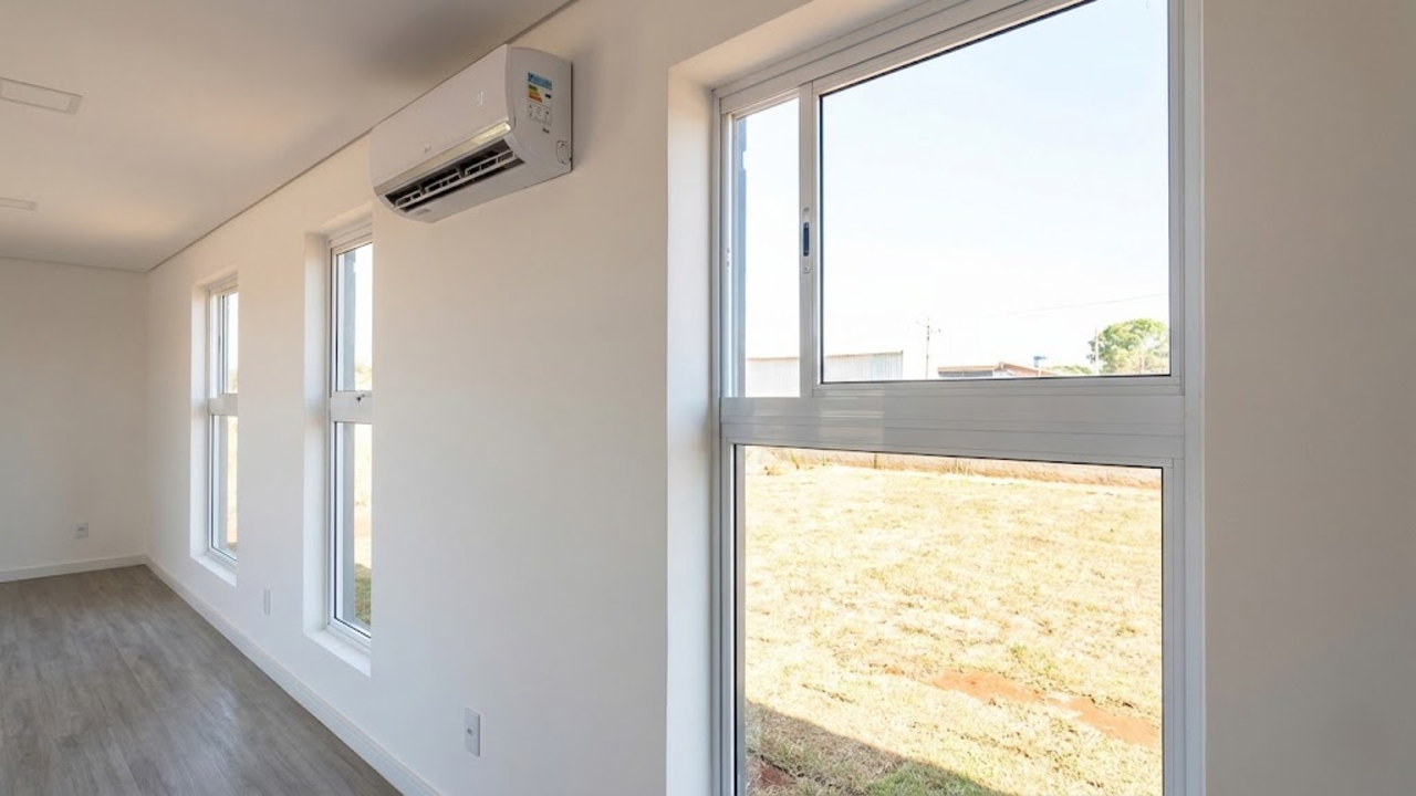 Interior fresco e acabado de casa container com ar-condicionado, contrastando com o calor externo.