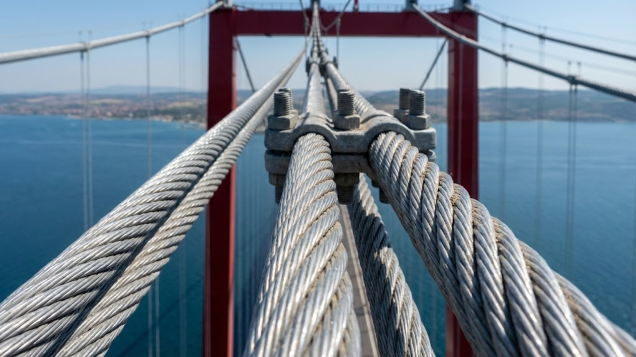 Detalhe macro dos cabos de aço gigantes subindo em direção às torres.