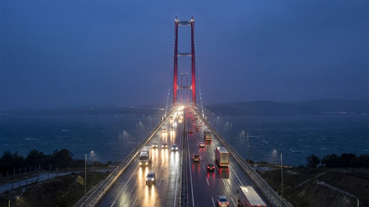 Tráfego noturno na ponte iluminada, garantindo a conexão entre Europa e Ásia.