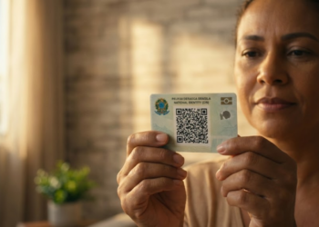 Mão segurando a nova identidade sob luz dourada em ambiente seguro