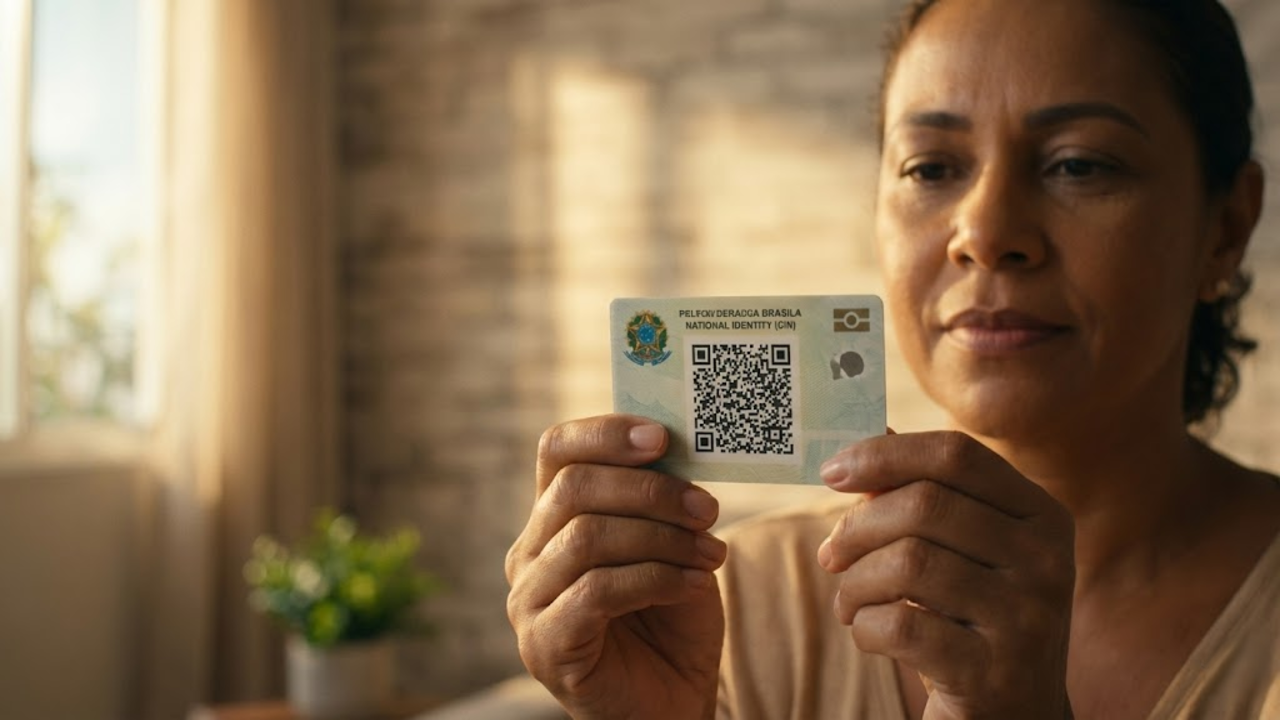 Mão segurando a nova identidade sob luz dourada em ambiente seguro