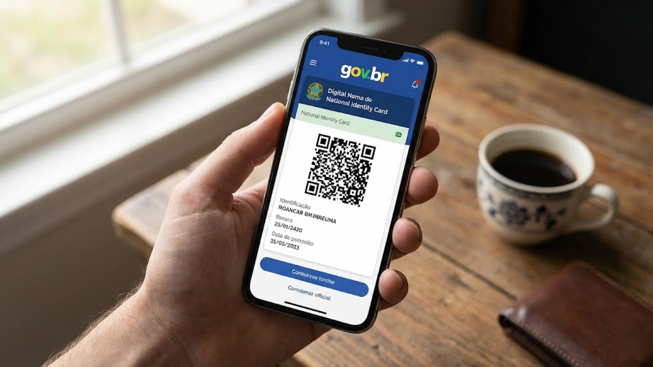 Celular exibindo a identidade digital no app Gov.br sobre mesa de madeira