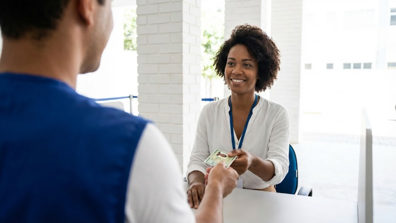 Cidadão entregando a nova CIN para atendente em posto oficial limpo