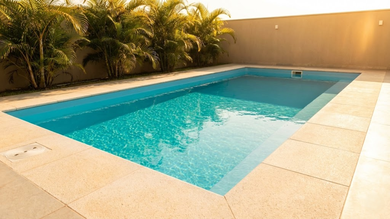 Piscina de aço pronta com água cristalina sob sol dourado
