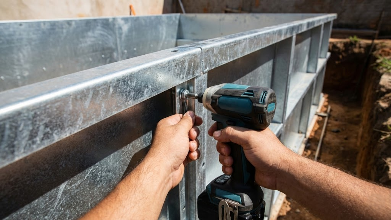 Mão parafusando painel de aço galvanizado em obra limpa