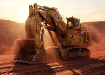 Caterpillar 6090 FS imponente em mina de minério sob luz dourada