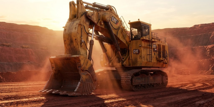 Caterpillar 6090 FS imponente em mina de minério sob luz dourada