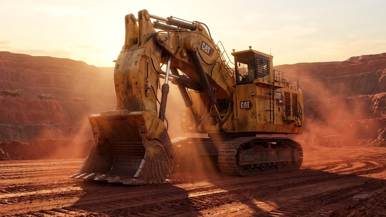 Caterpillar 6090 FS imponente em mina de minério sob luz dourada
