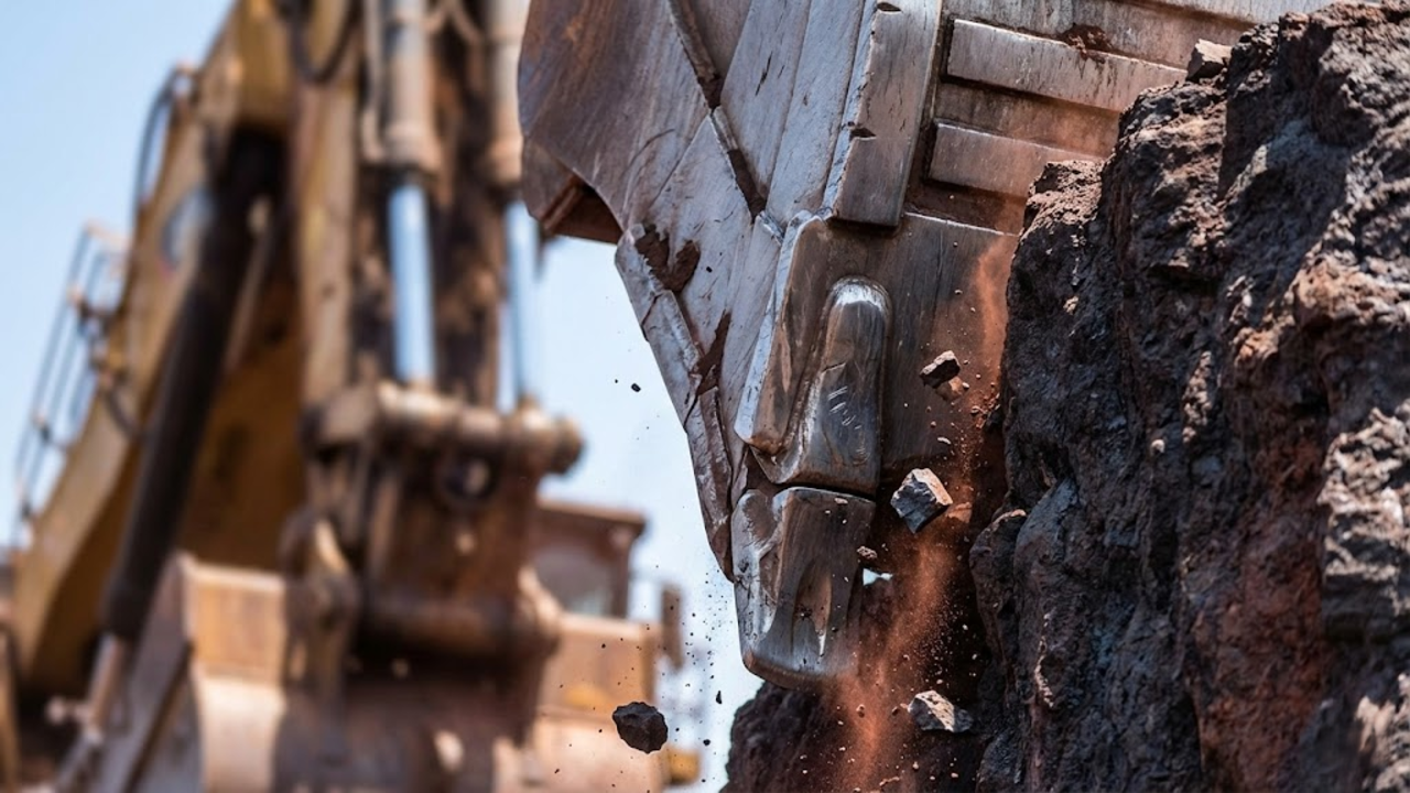 Detalhe macro dos dentes da caçamba penetrando o solo rochoso