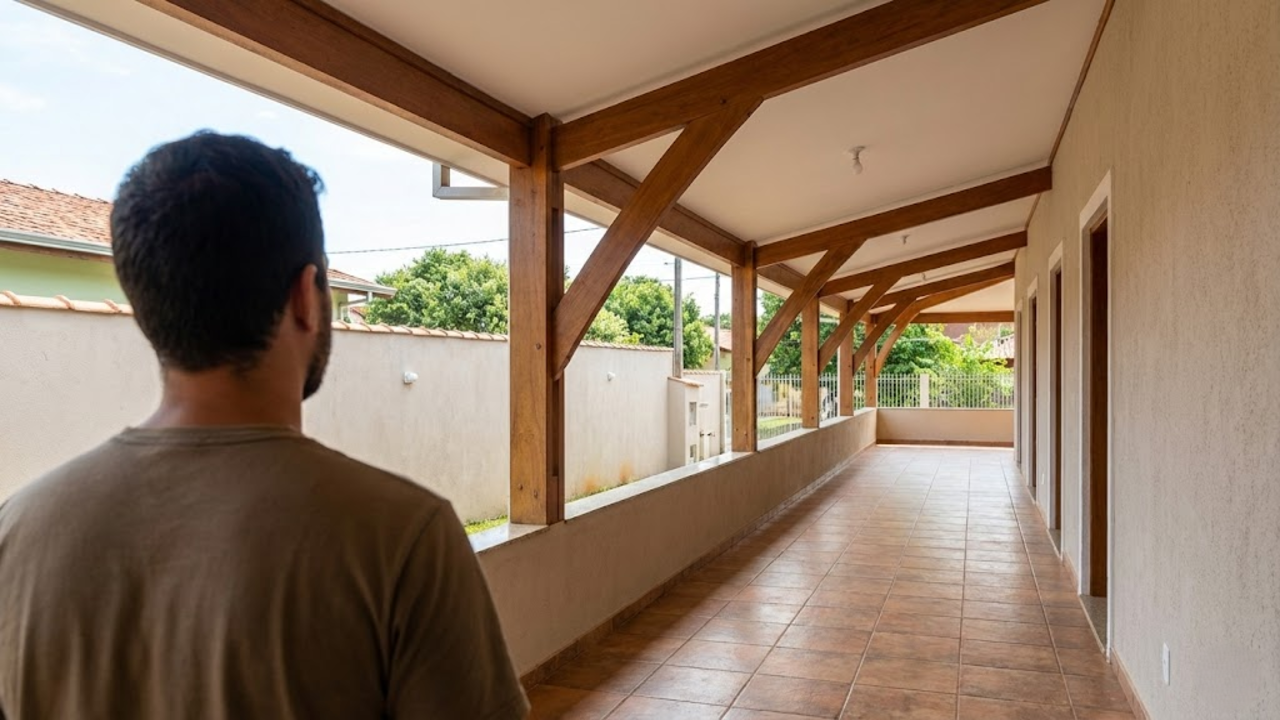 Visão ampla de varanda aberta e segura com suportes de madeira