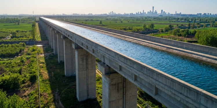Aqueduto gigante levando água cristalina para Pequim sob o sol.