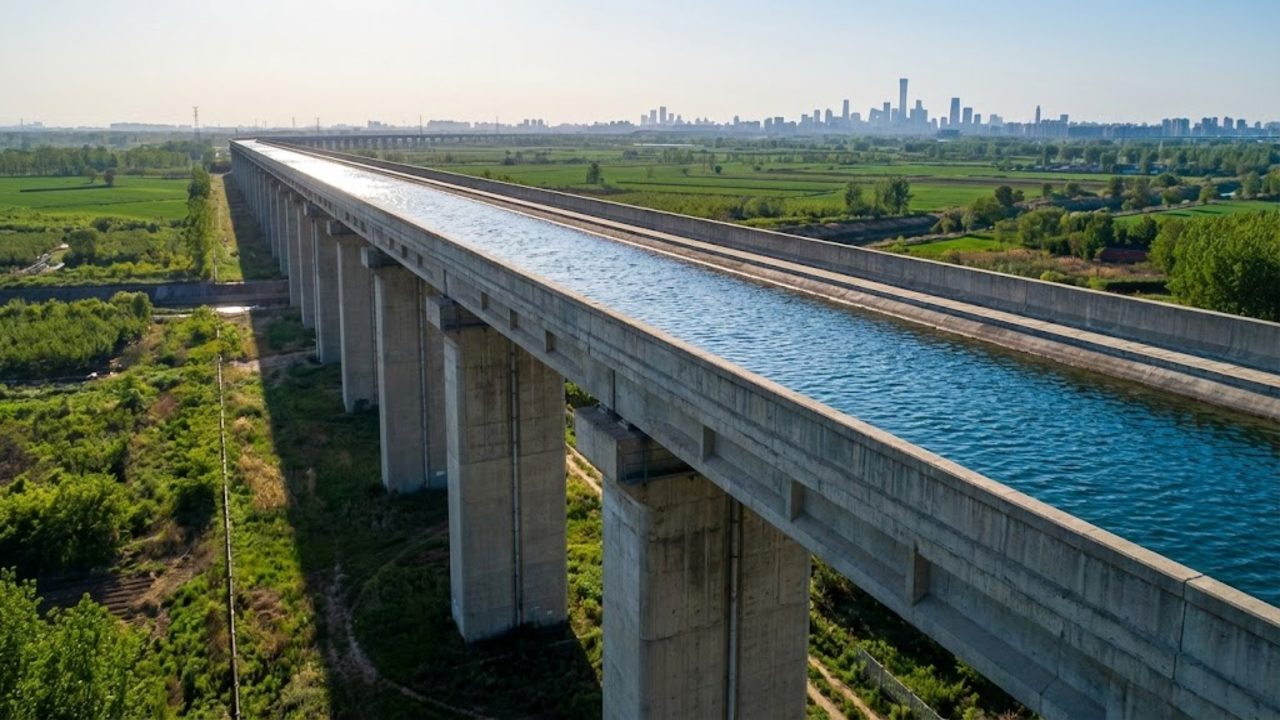 Aqueduto gigante levando água cristalina para Pequim sob o sol.