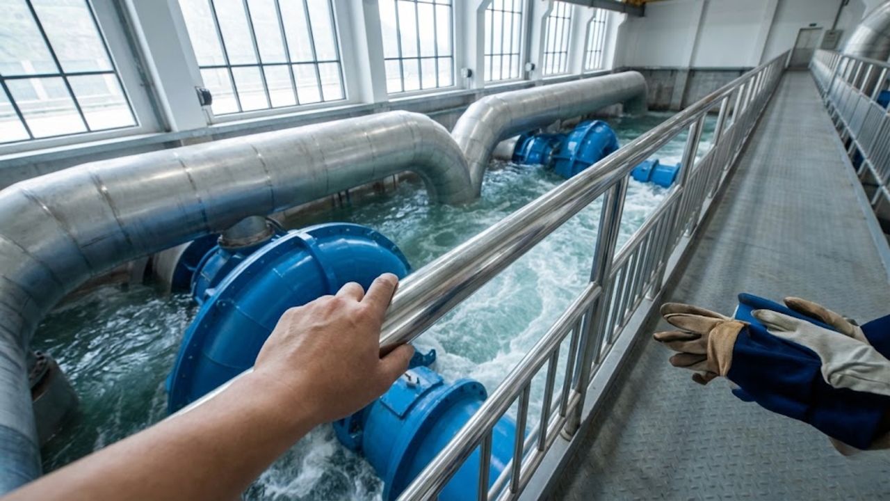 Visão de turbinas gigantes movendo água em estação de bombeamento