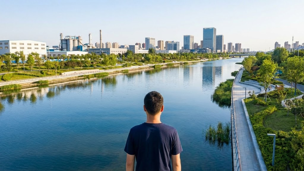 Rio renascido em cidade industrial do norte da China ao entardecer