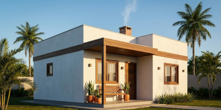 Fachada de casa 7x7 com varanda aconchegante sob luz dourada