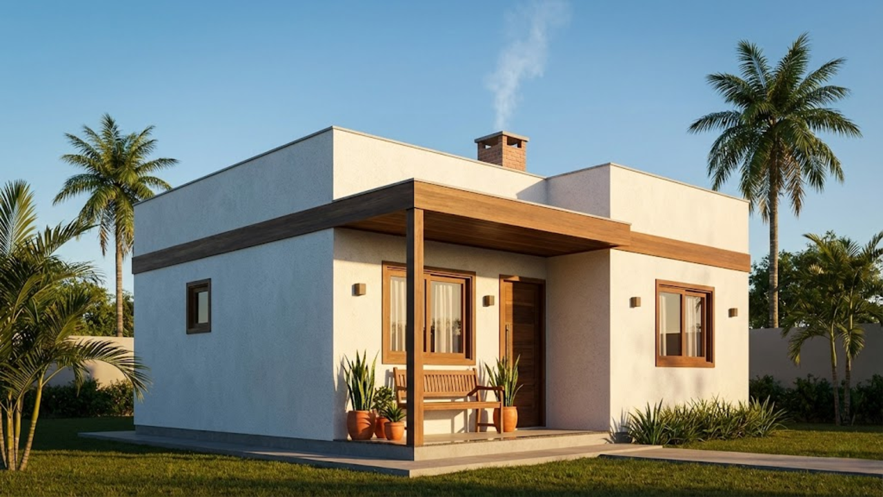 Fachada de casa 7x7 com varanda aconchegante sob luz dourada