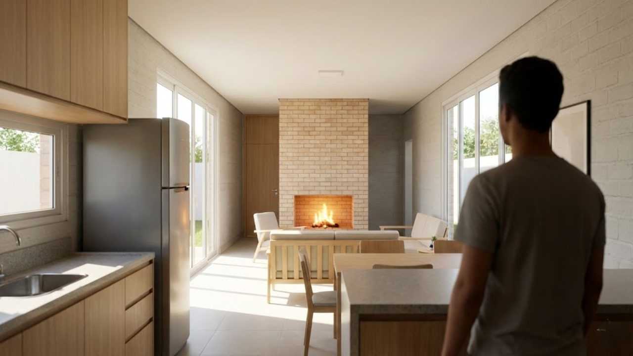 Interior integrado com lareira acesa e muita luz natural