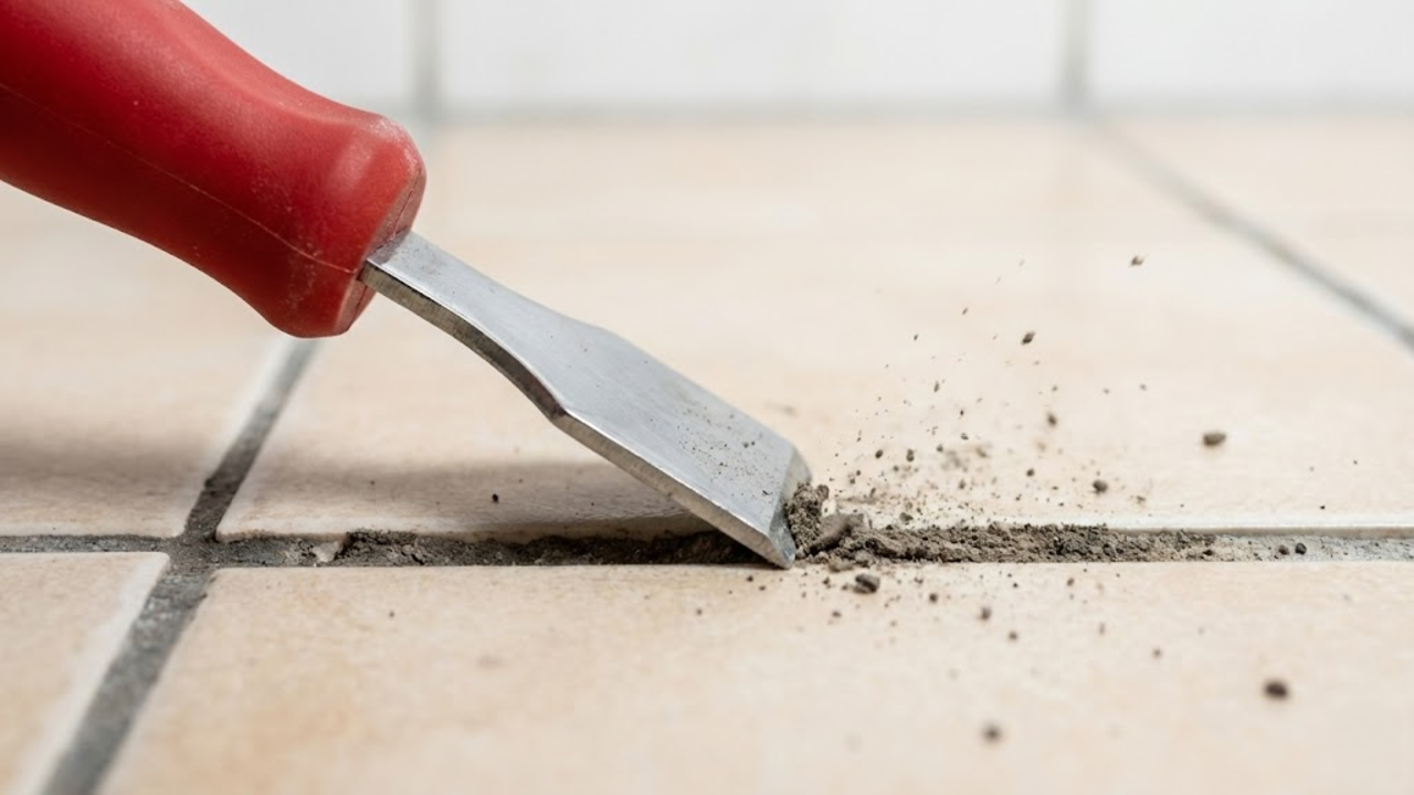 Macro detalhado da ferramenta raspadora removendo o rejunte antigo.