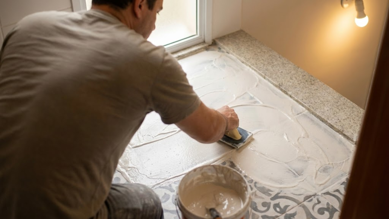 Pessoa aplicando rejunte novo com espátula de borracha no piso