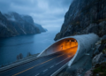 Entrada do túnel na base de um fiorde norueguês, contrastando a rocha bruta com a engenharia moderna