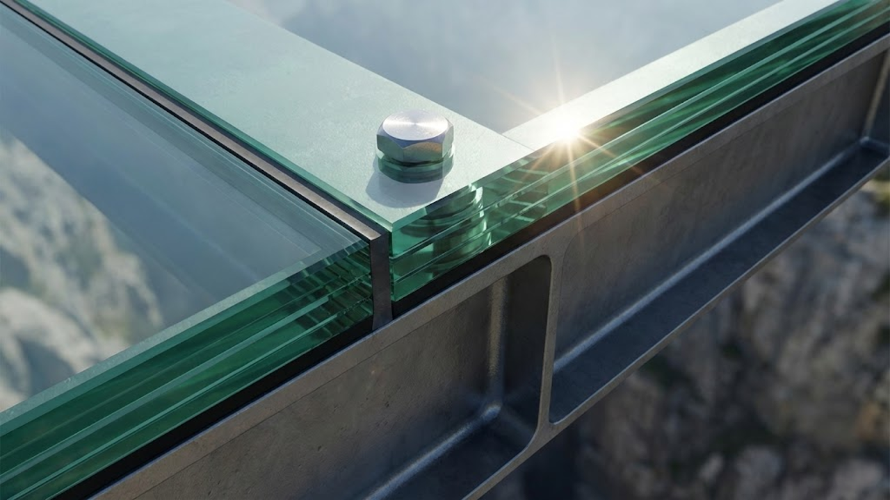 Macro detalhado mostrando as camadas grossas do vidro temperado e a estrutura de aço.