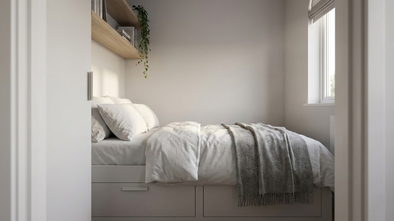 Dando um bizu no quarto: visão da porta mostrando a cama com gavetões e a prateleira lá no alto aproveitando a parede