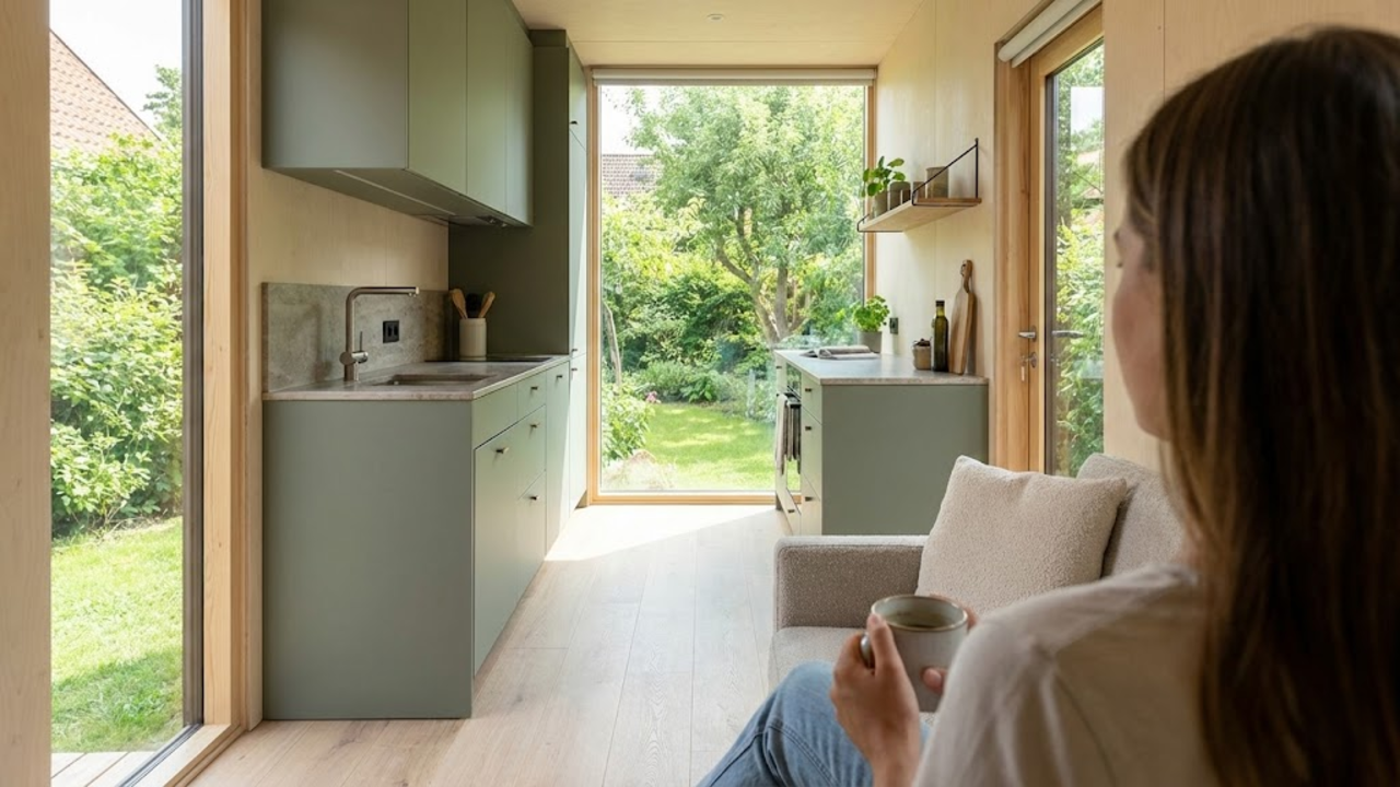 Visão de quem tá de boa no sofá, olhando a cozinha integrada e o mato lá fora pela janelona, mostrando que não dá claustrofobia