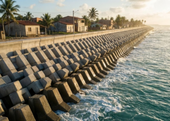 Muralha de concreto imponente protegendo a costa sob a luz do pôr do sol