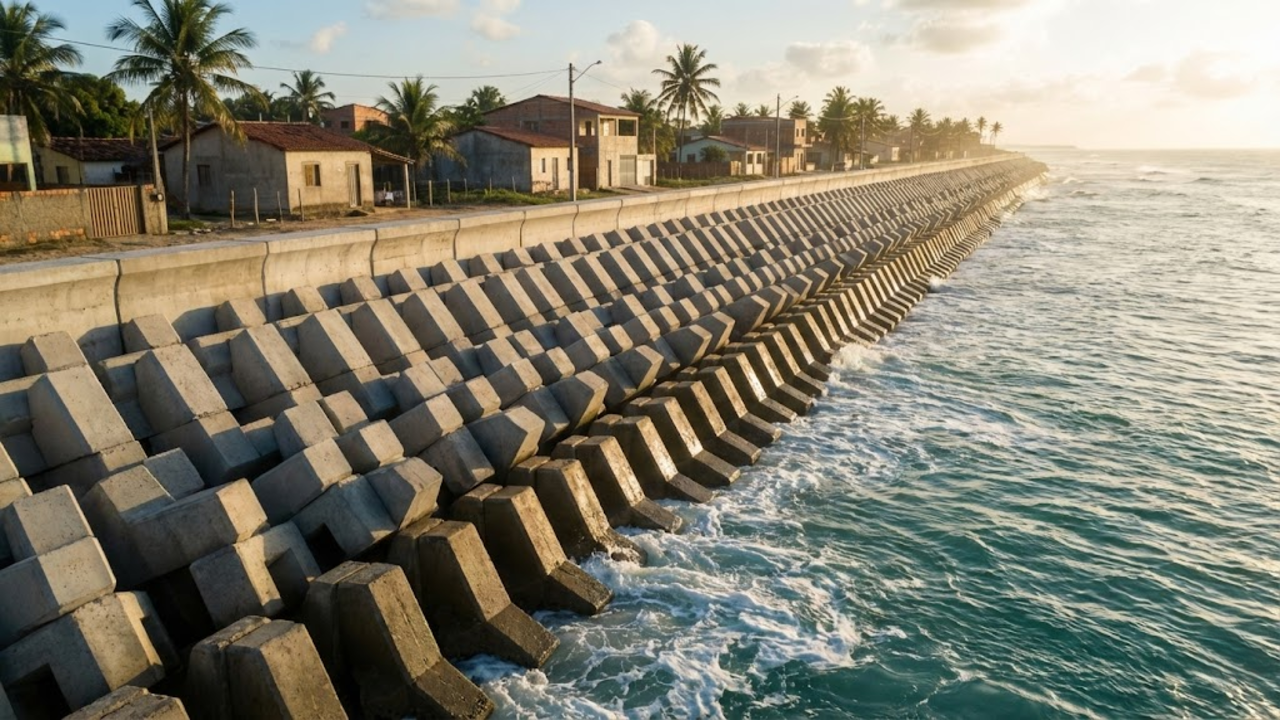 Muralha de concreto imponente protegendo a costa sob a luz do pôr do sol