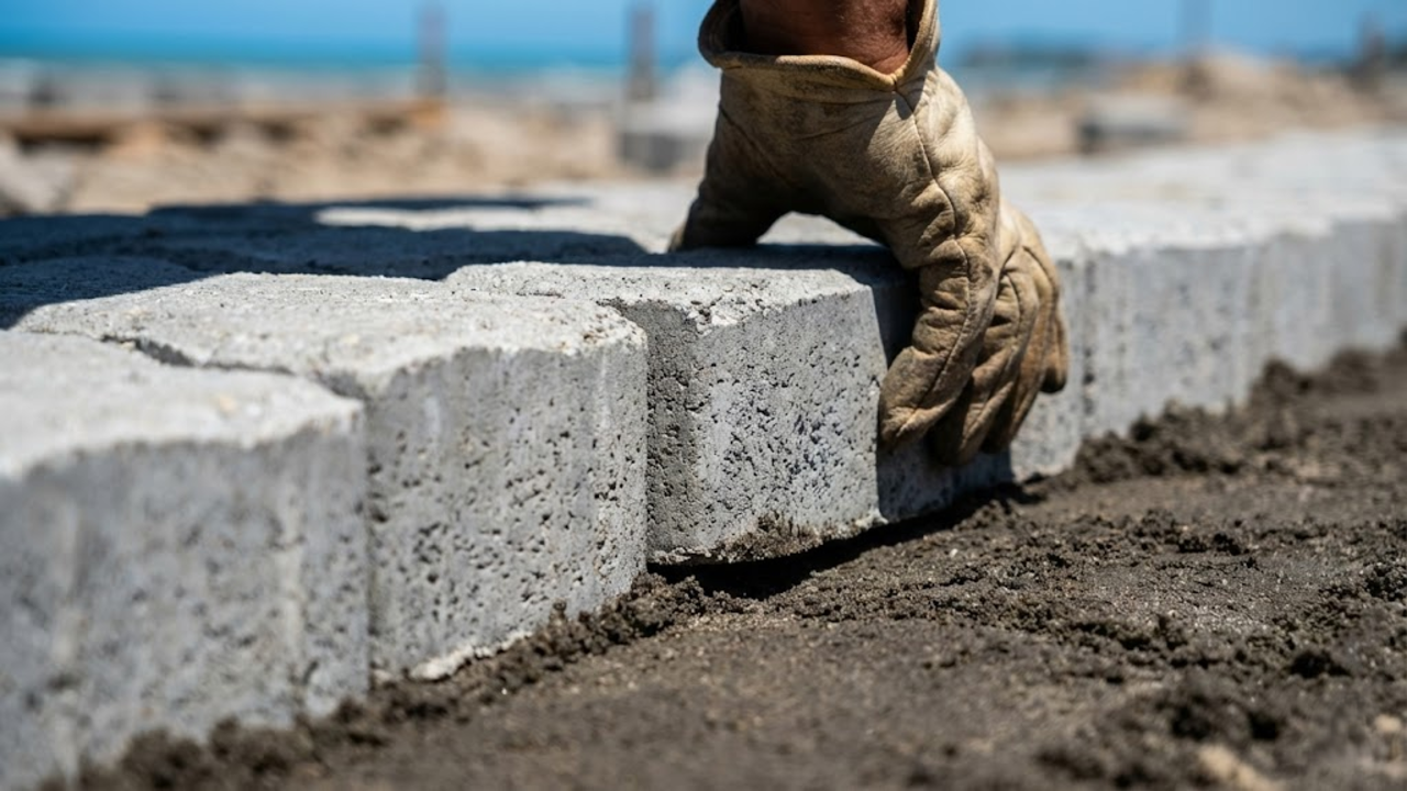 Detalhe em macro do encaixe preciso do primeiro bloco de concreto no solo