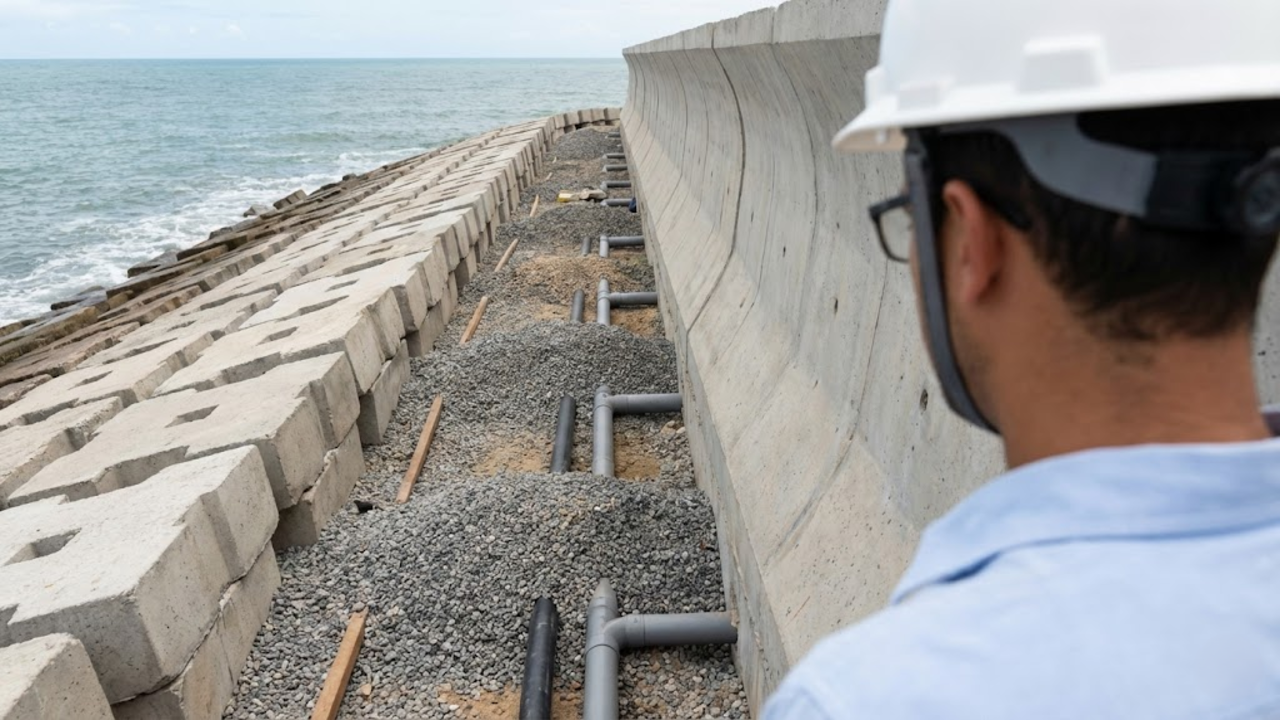 Muralha de concreto imponente protegendo a costa sob a luz do pôr do sol