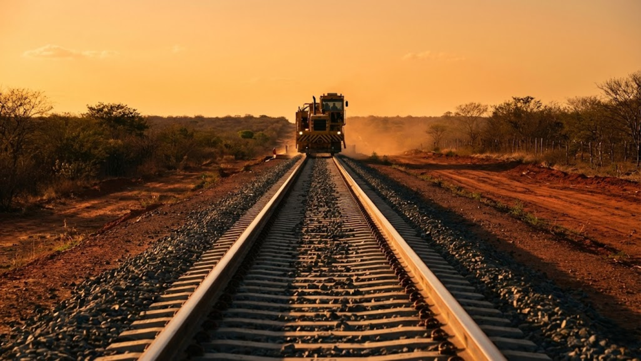Trilhos da Transnordestina avançando pelo sertão sob a luz do pôr do sol