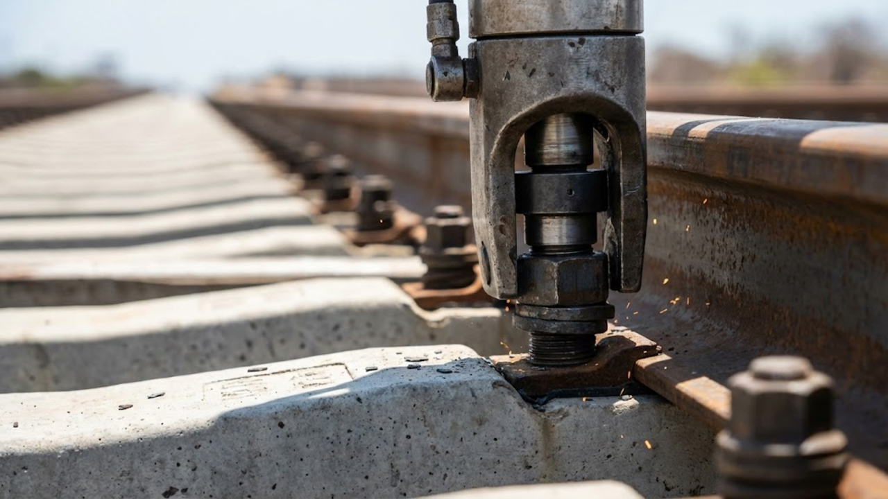 Detalhe em macro da fixação técnica dos trilhos sob o sol tropical