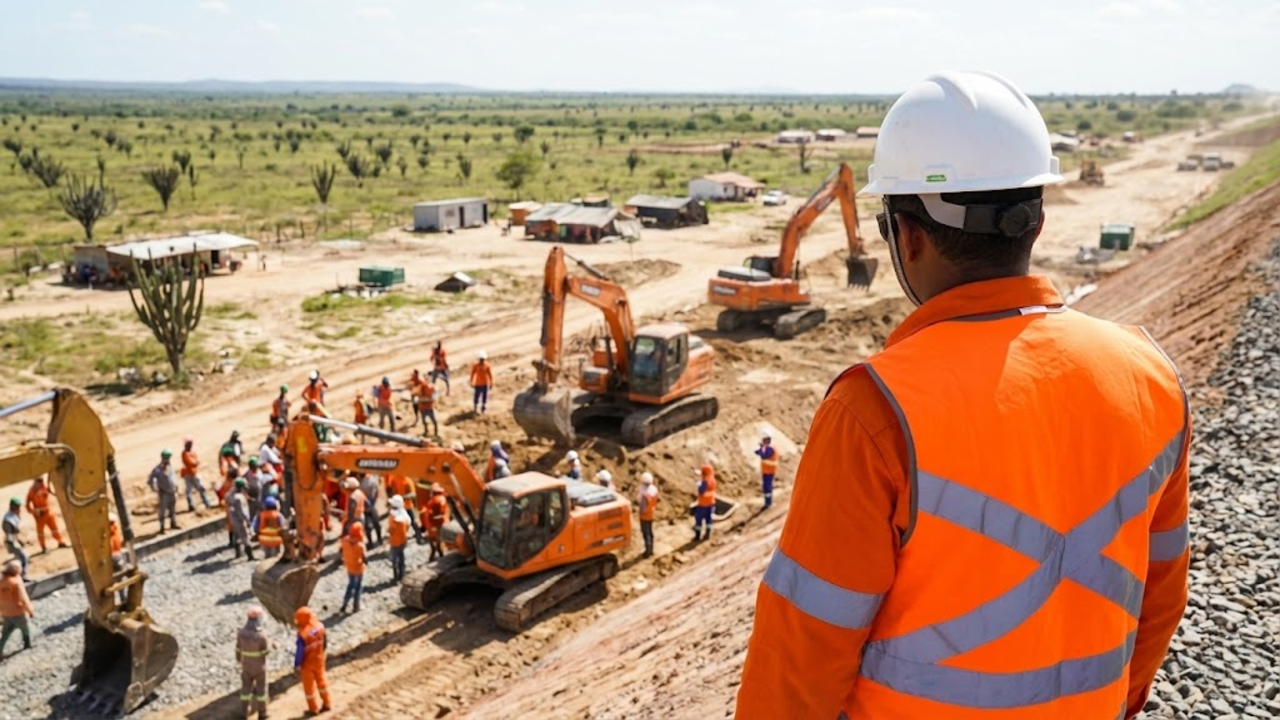 Trabalhador observa o canteiro de obras movimentado no interior do Ceará