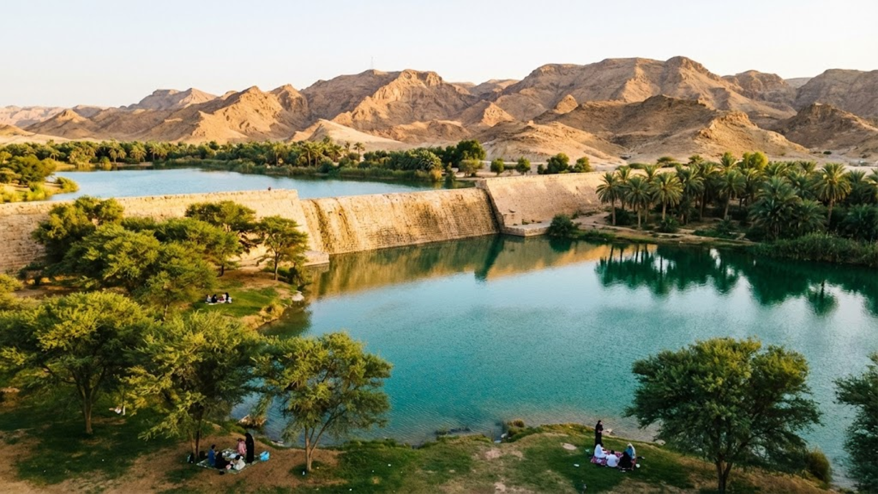 Uma vista panorâmica e dourada da barragem de pedra criando um lago azul cercado de verde no meio do deserto rochoso