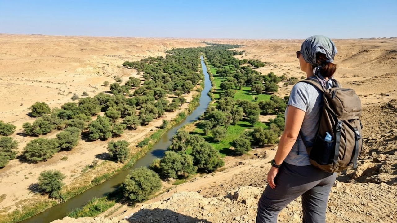 Visão por cima do ombro de um trilheiro olhando do alto o contraste do vale verde cortando a paisagem desértica.