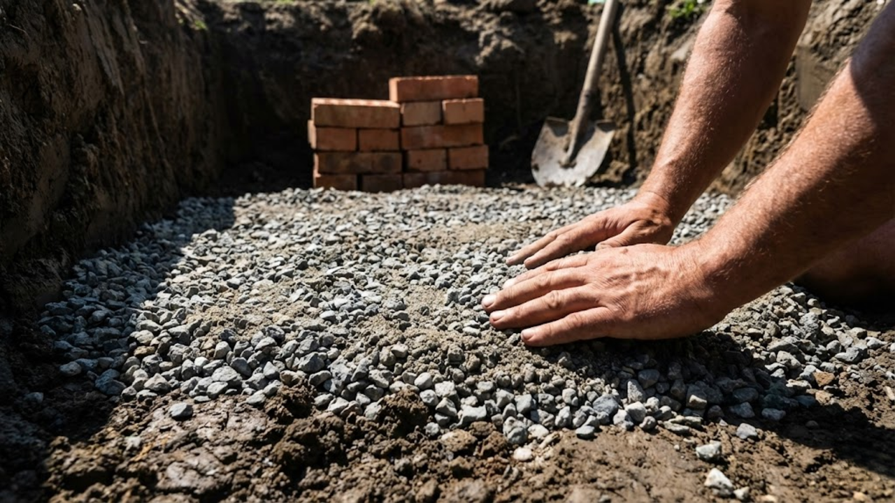 Mãos calejadas preparando a base de brita e areia no fundo da piscina