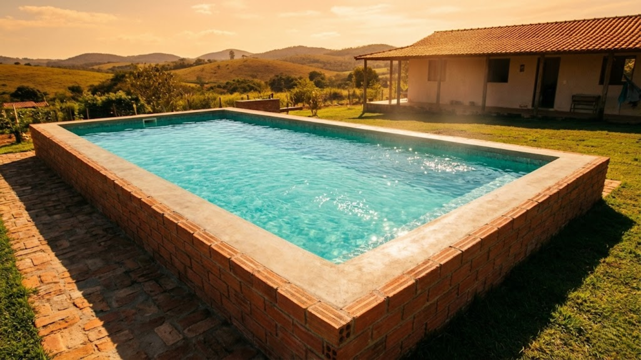 Piscina de tijolos finalizada e brilhando sob o sol da tarde na fazenda